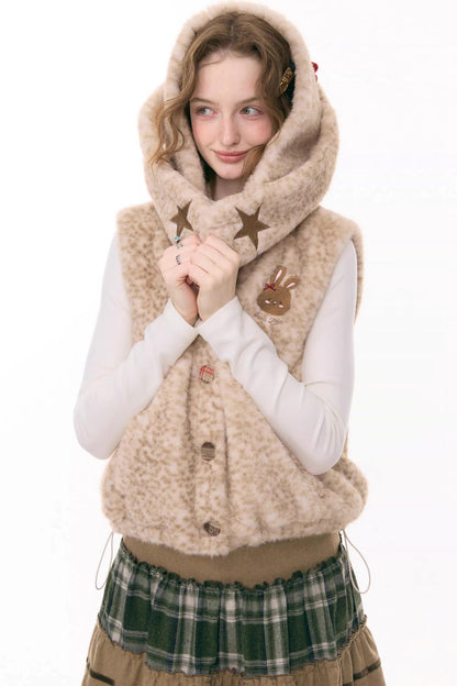 Black Leather Rabbit Hooded Vest Jacket