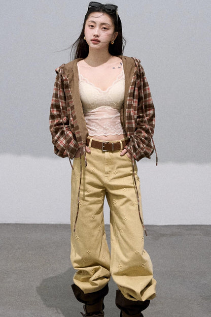 Pure Cotton Embossed High Waist Wide-Leg Jeans