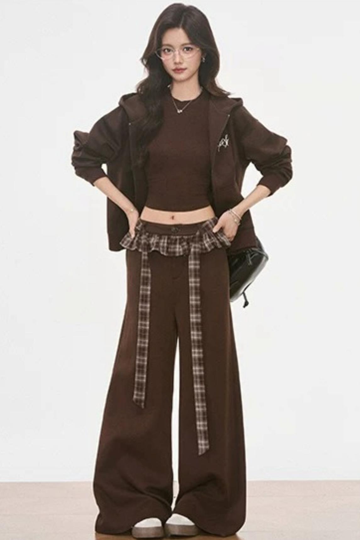 Plaid Patchwork Hooded Sweatshirt and Sweatpants Set-Up