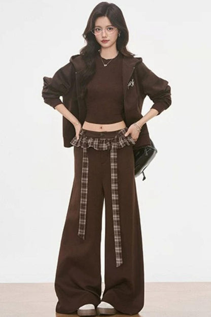 Plaid Patchwork Hooded Sweatshirt and Sweatpants Set-Up
