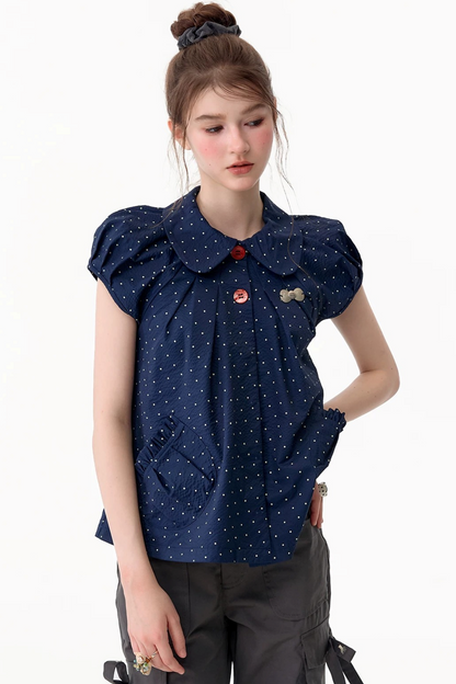 Maglia aderente retrò con colletto Peter Pan a pois