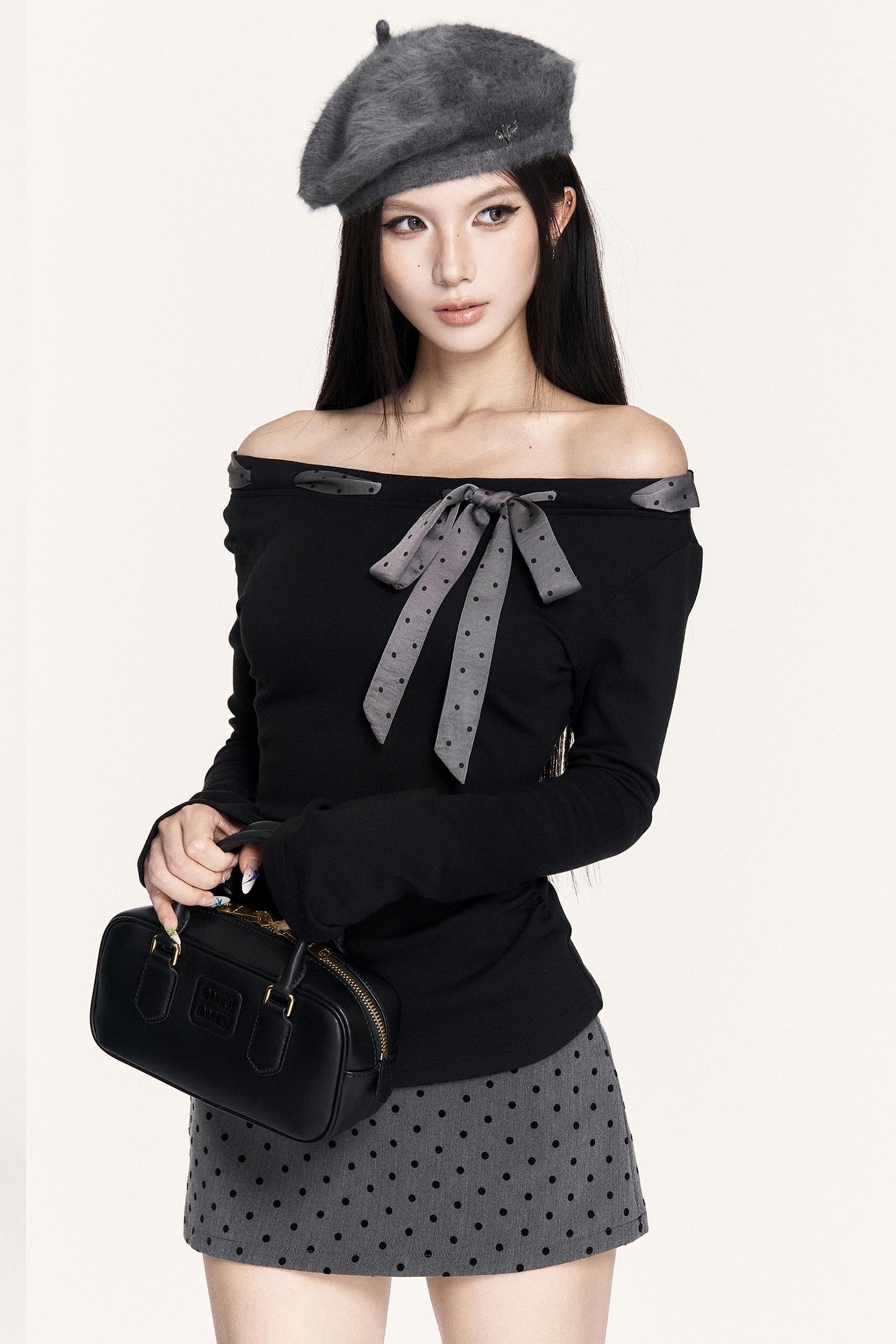 French Retro Polka Dot Lace-Up Long-Sleeved T-Shirt