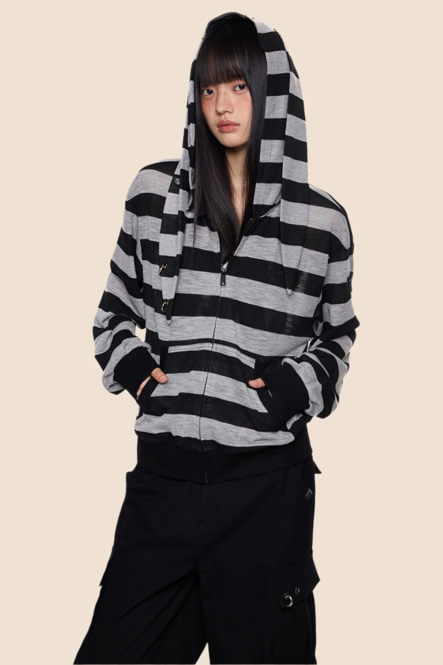 Rabbit Ears Stripe Hooded Long Sleeve Cardigan