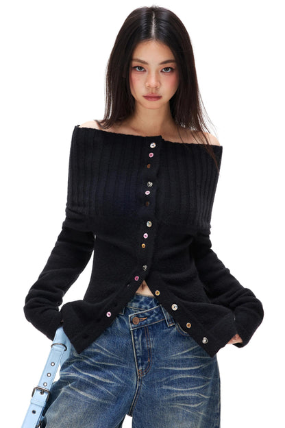 Colorful Button Off-Shoulder Knit Sweater