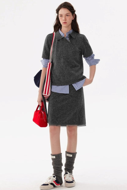 Diagonal Zip Knit Short Sleeve Suit Set-Up