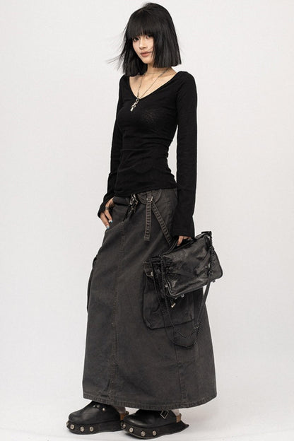 Autumn V-Neck Slim Black Top