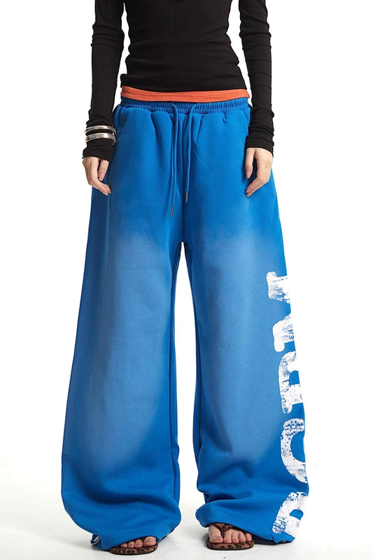 Retro Blue Letter Print Pants