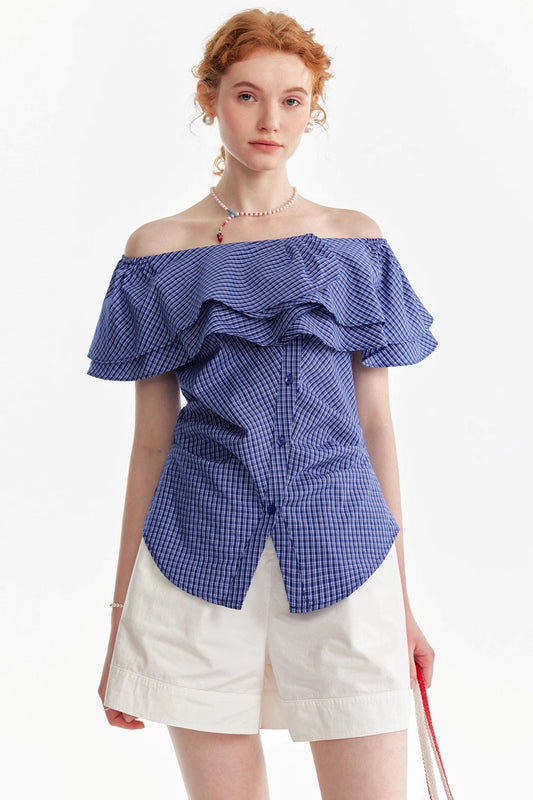Blue Asymmetrical Ruffle Top