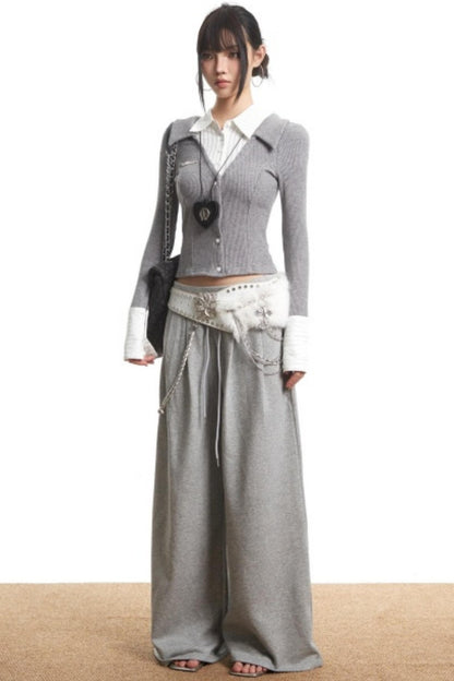 Retro Gray Fake Two-Piece Top