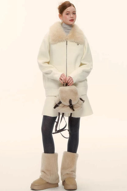 Wool Blend Lapel Fur Collar Coat Set-Up