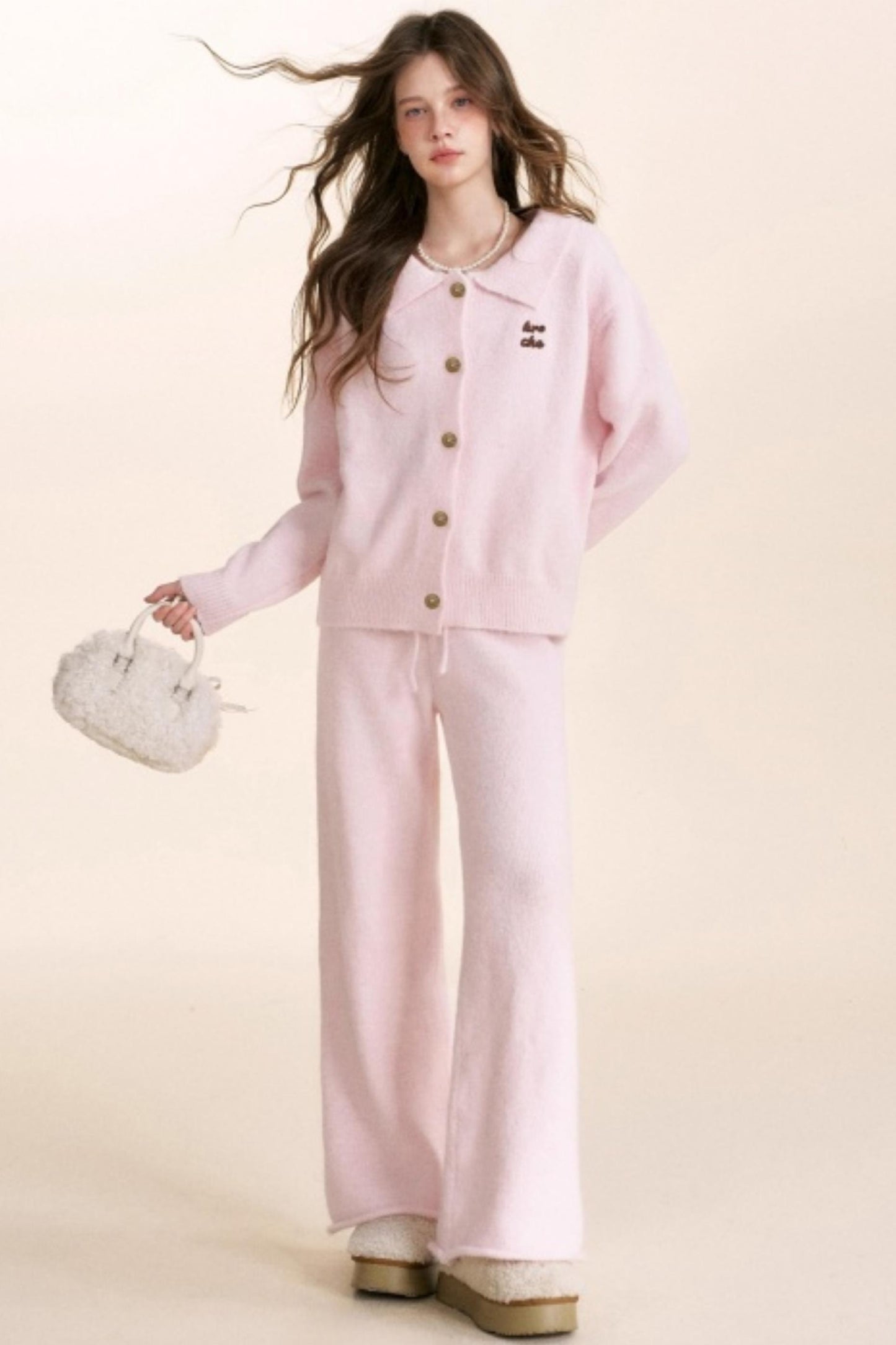 Velvet Contrast Lapel Cardigan Set-Up