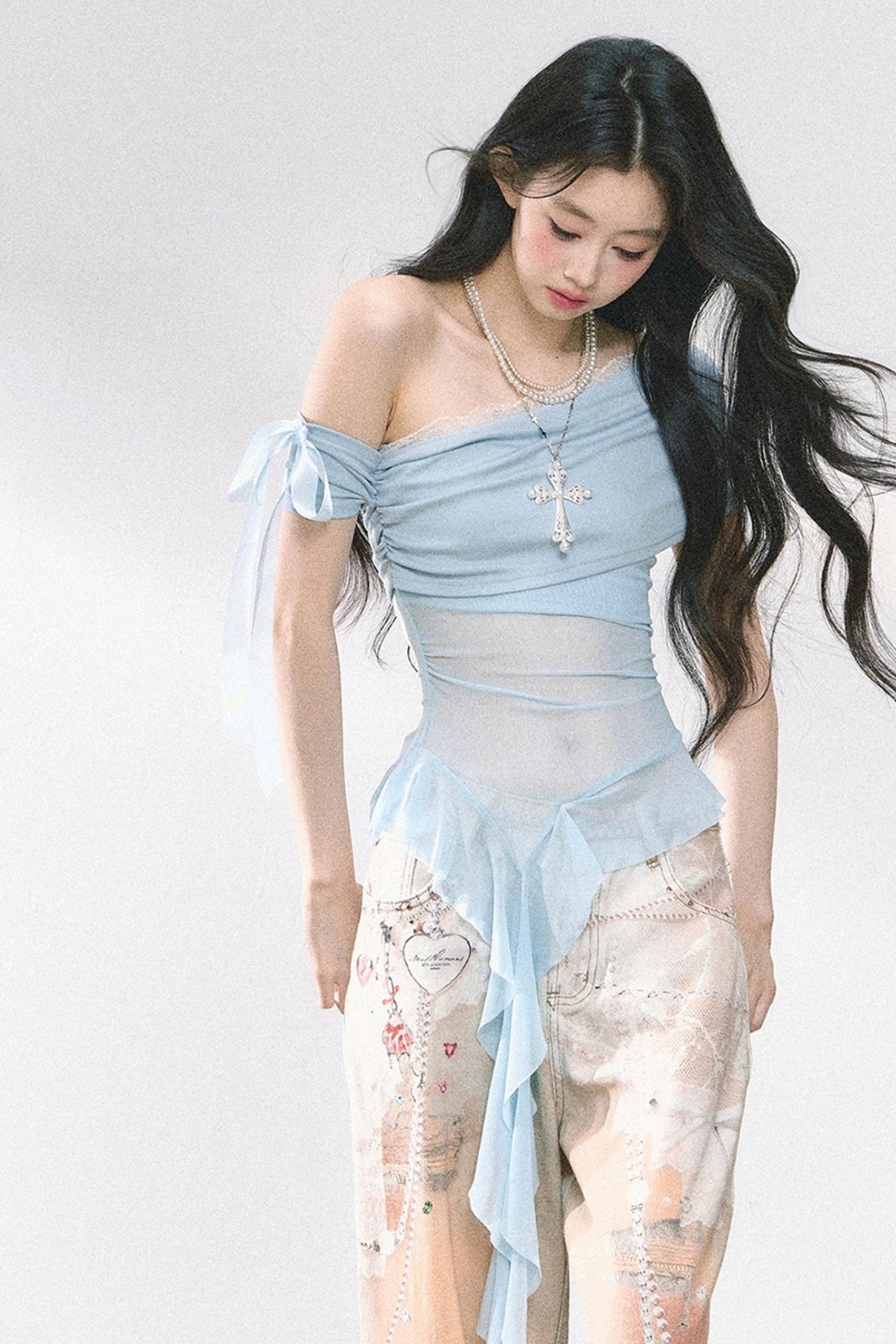 Sheer Mesh Off Shoulder T-Shirt