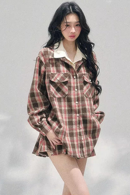 British Cafe Plaid Shirt and Short Skirt Set-Up