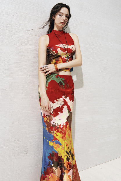 Artistic Contrast Vest Skirt Set