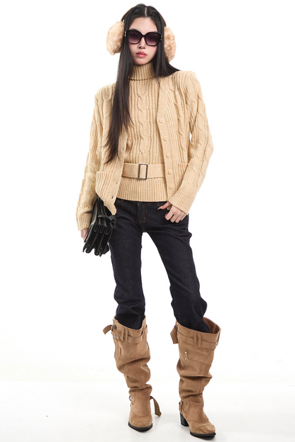 Retro Khaki Cable Knit Cardigan Set