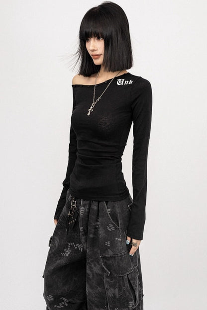 Autumn Retro Black Slanted Shoulder Long Sleeve Slim Top