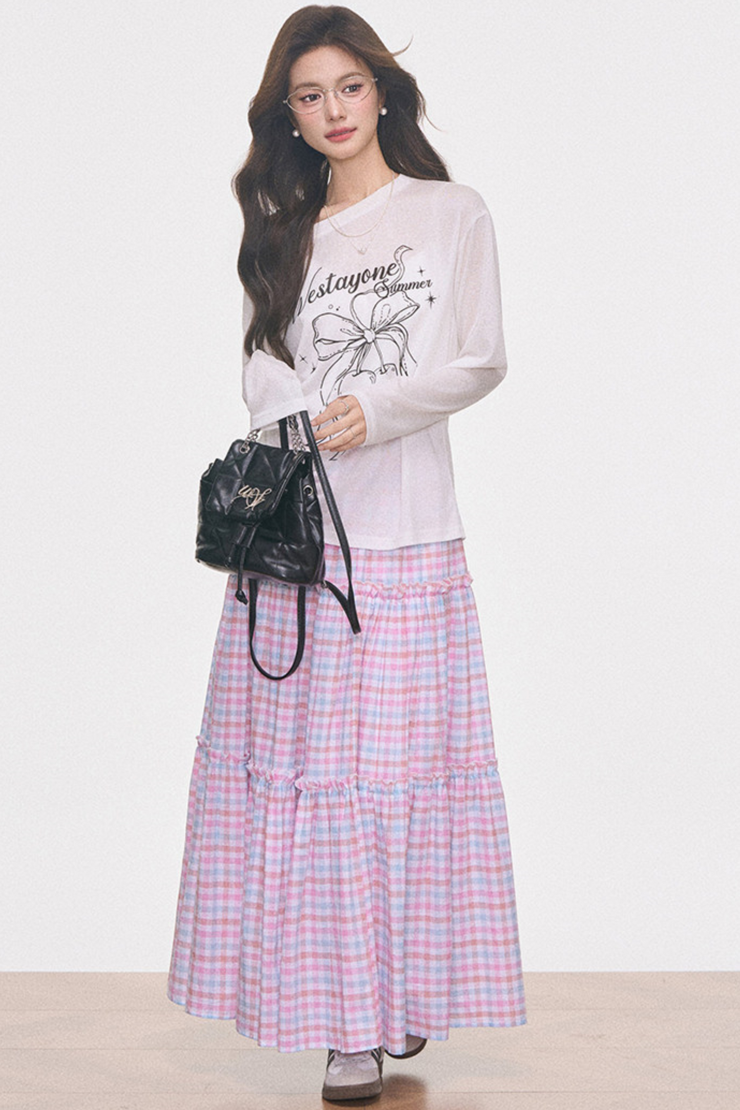 Printed Sheer Blouse and Plaid Skirt Set-Up