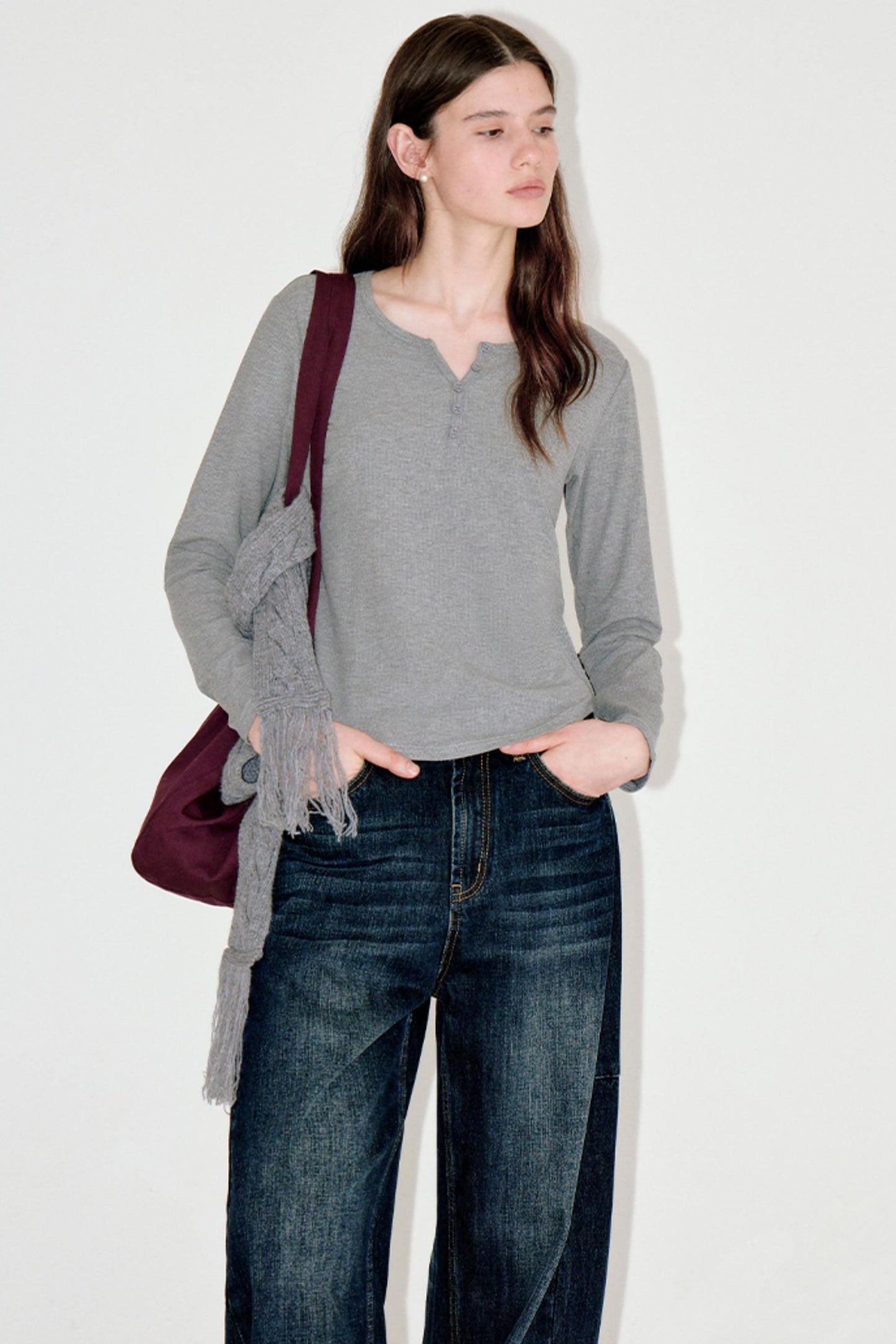 Button-Embellished Crew Neck Top