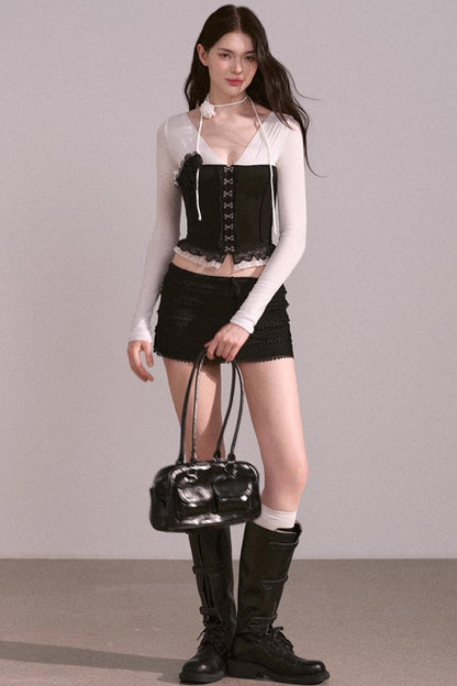 White Brown V-Neck Top