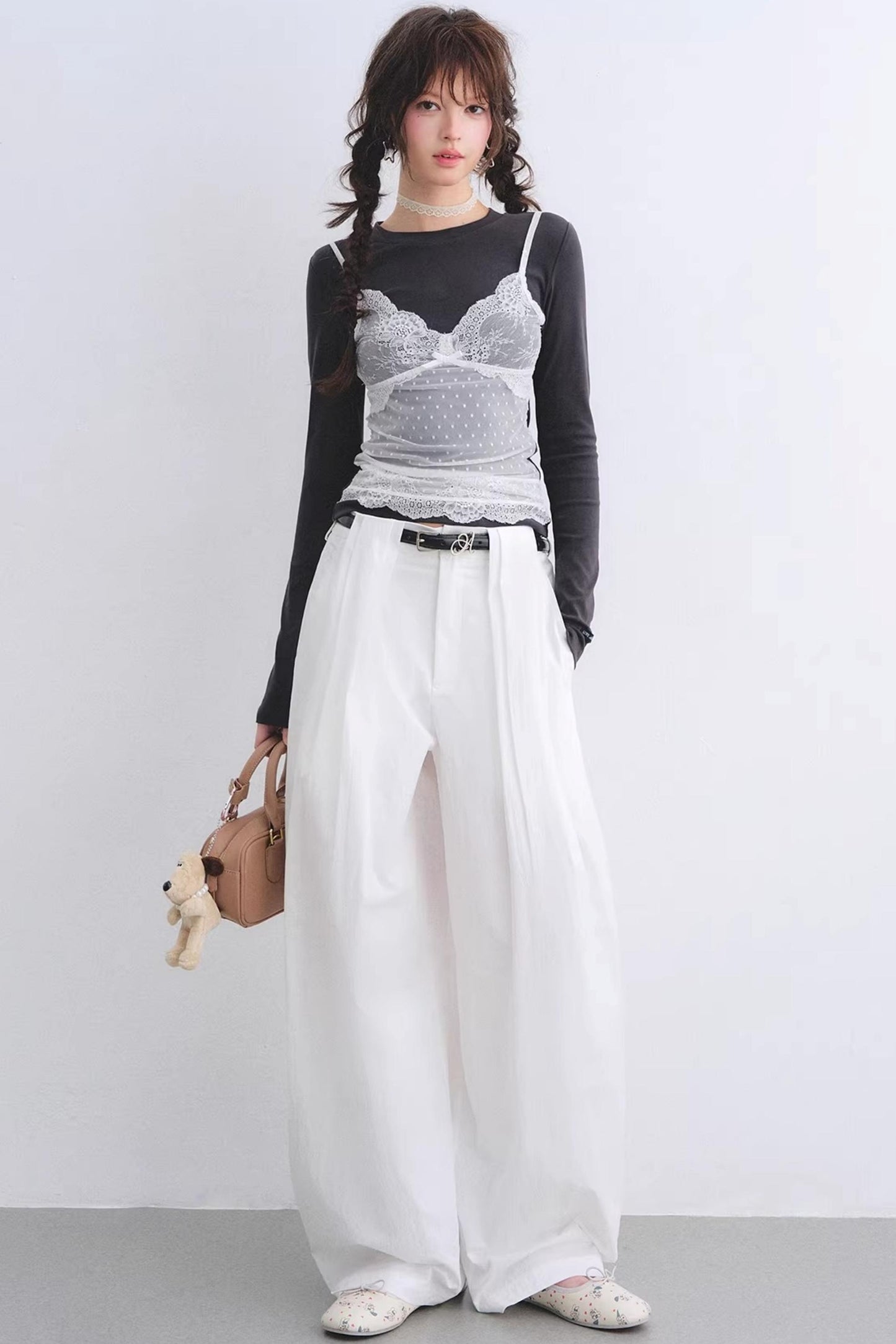 White Pleated Wide-Leg Pants Set-Up