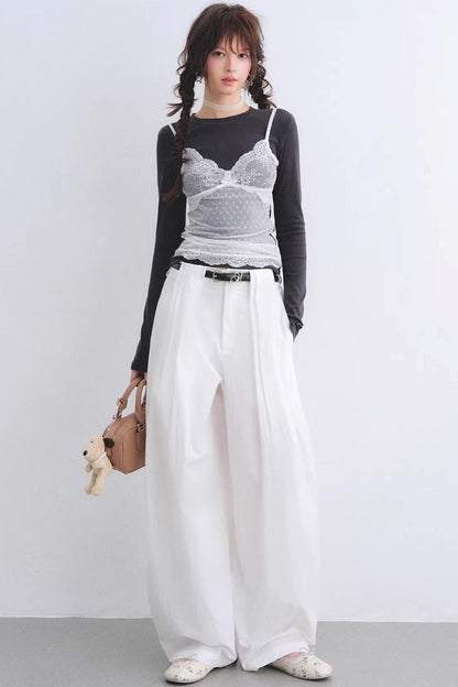 White Pleated Wide-Leg Pants Set-Up