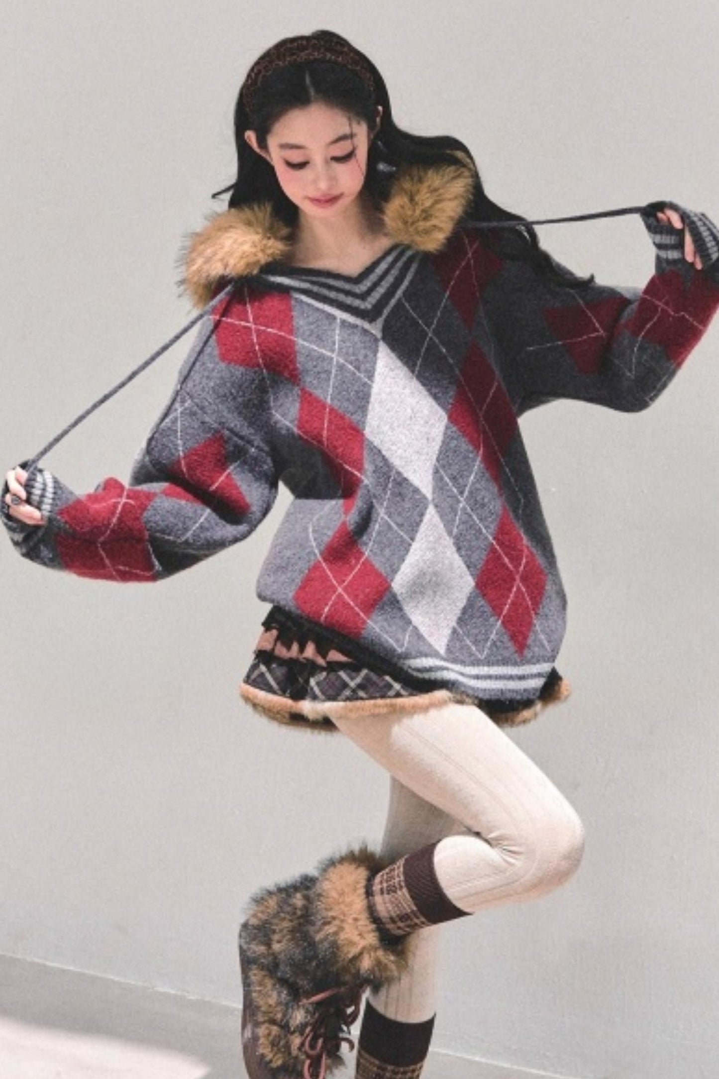 American College Style Fur Collar Sweater