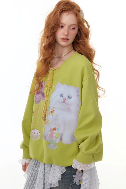 American Retro Cat Print Sweatshirt