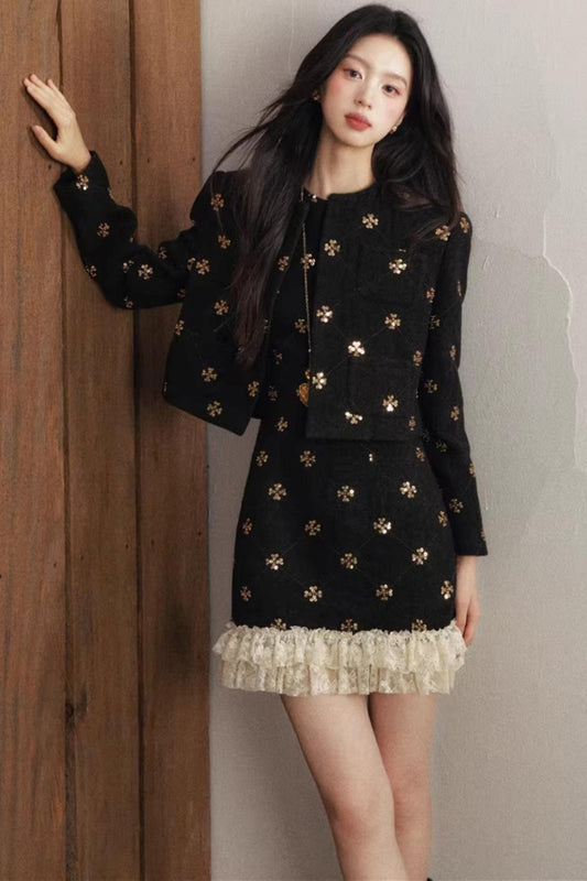 Gold Sequin Tweed Winter Short Coat Set-Up