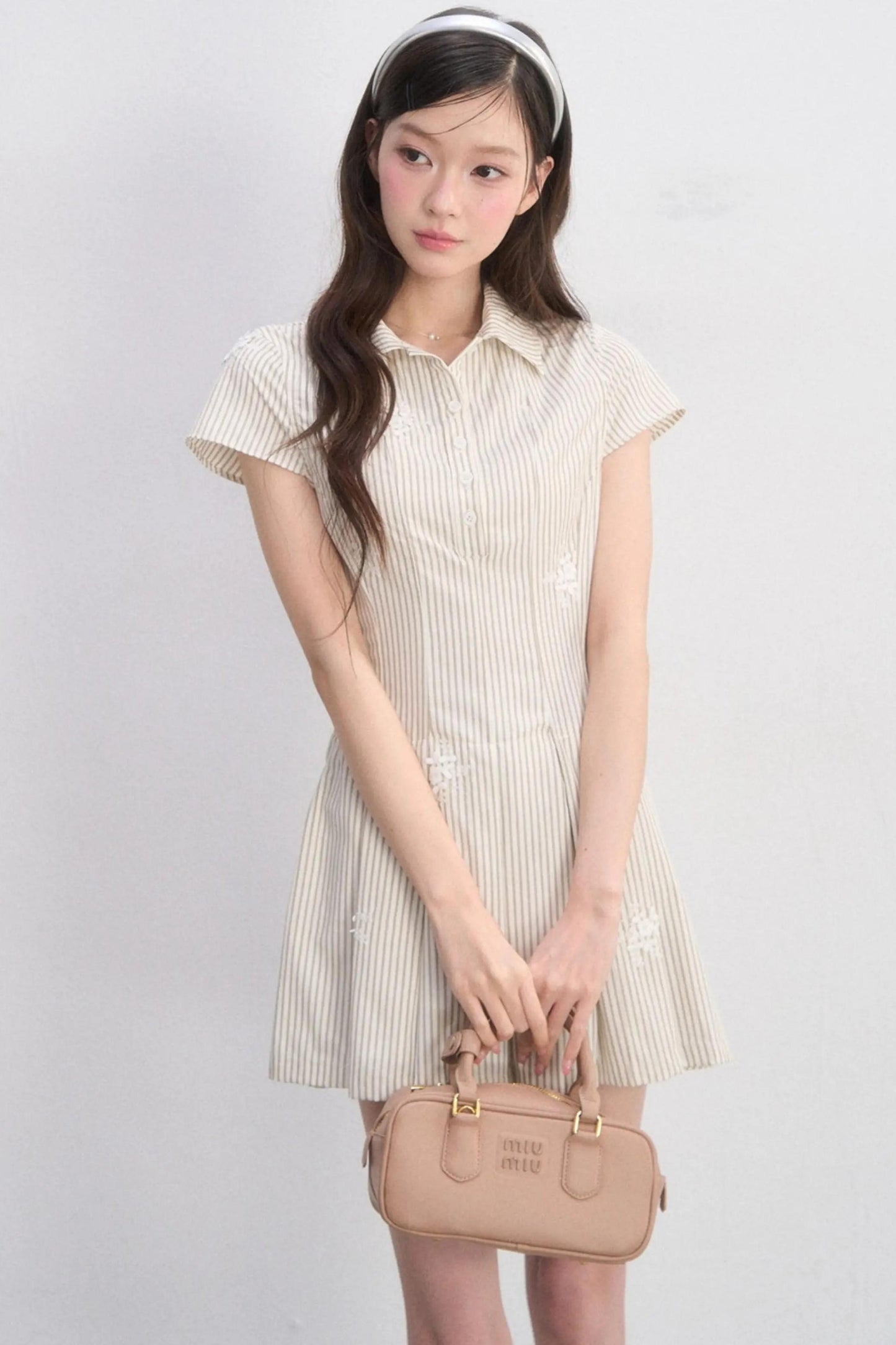 체크 플로럴 허리 조임 원피스
