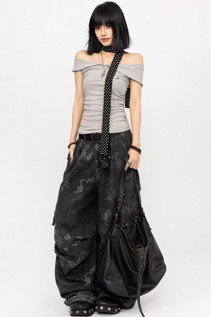 Retro Gray Off-Shoulder Top