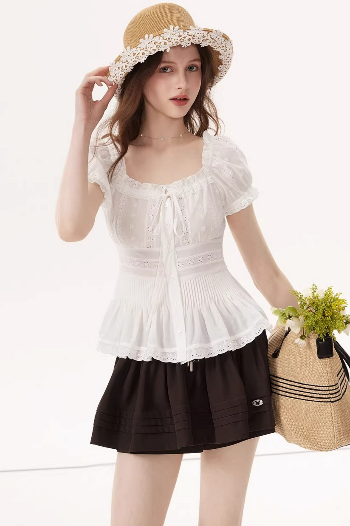 White Ruched Square-Neck Blouse