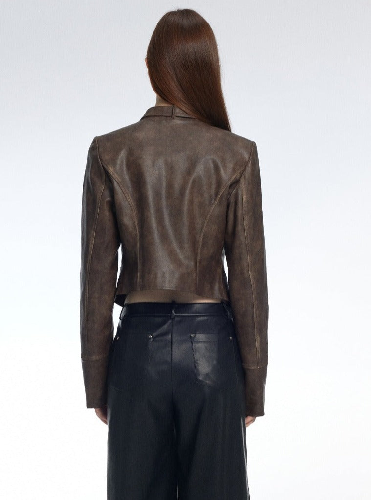 Retro Slim Brown Stand Collar Leather Jacket