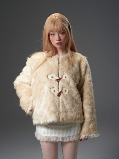 Horn-buckled turtleneck fur Coat