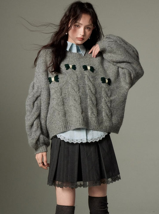 KNIT CREWNECK CABLE BOW SHIRT