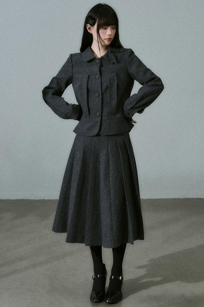 Wool Bow Tie Blazer Suit & Skirt Set-Up