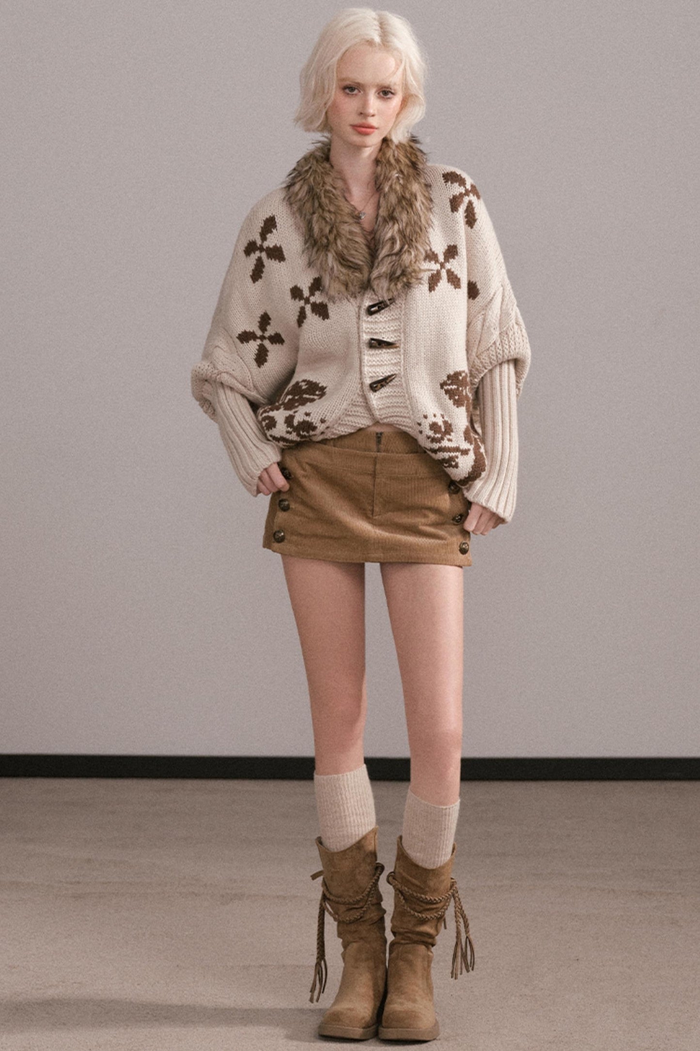 Jacquard Fur Collar Batwing Jacket