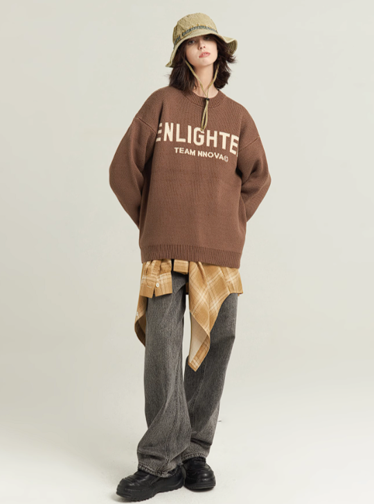 Basic letter crewneck sweater coat