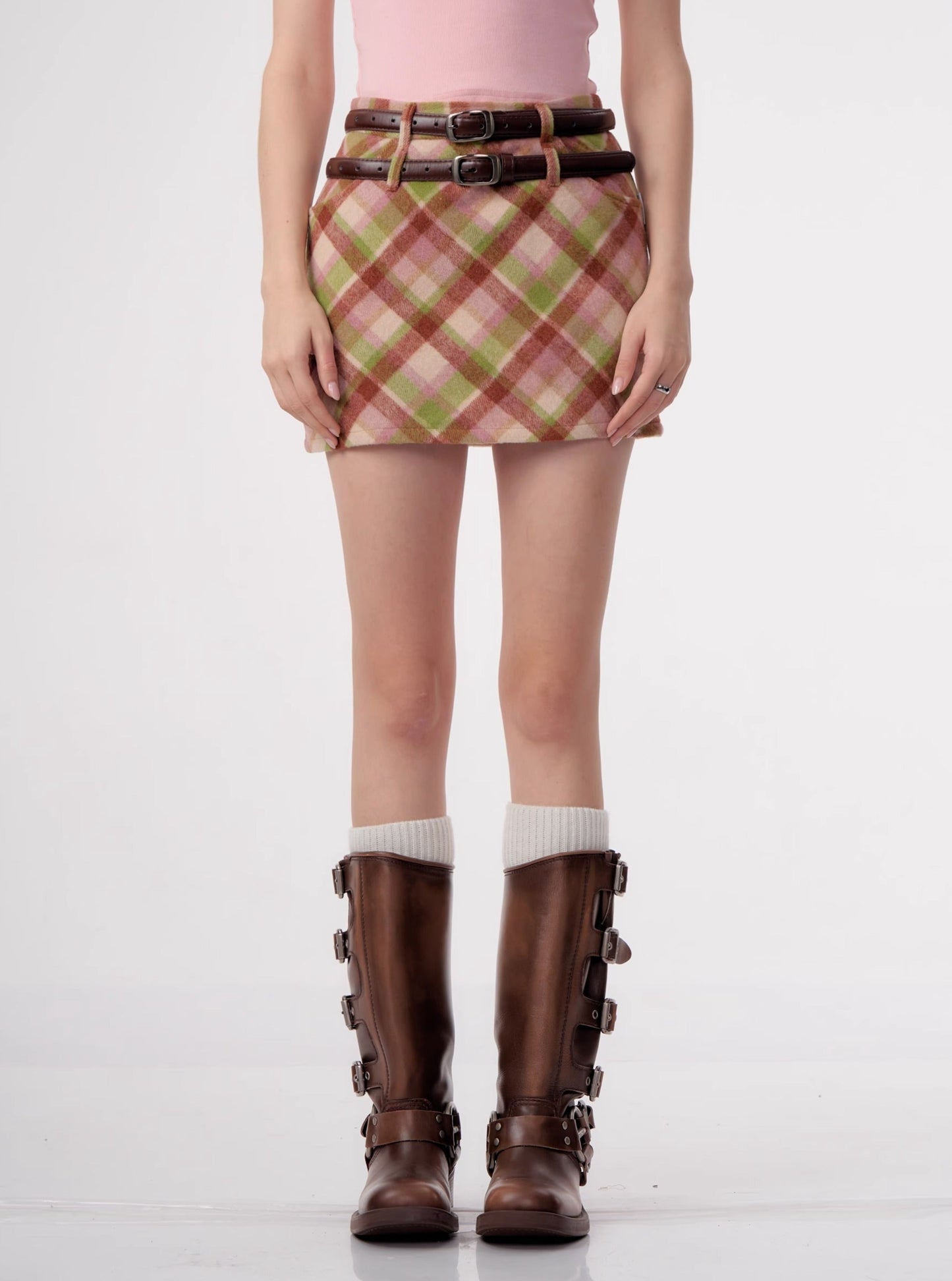 American a-line woolen tweed plaid skirt