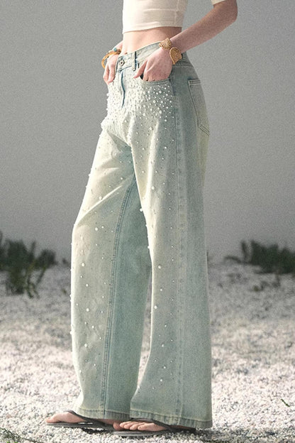 Pantalon en jean bleu clair perlé