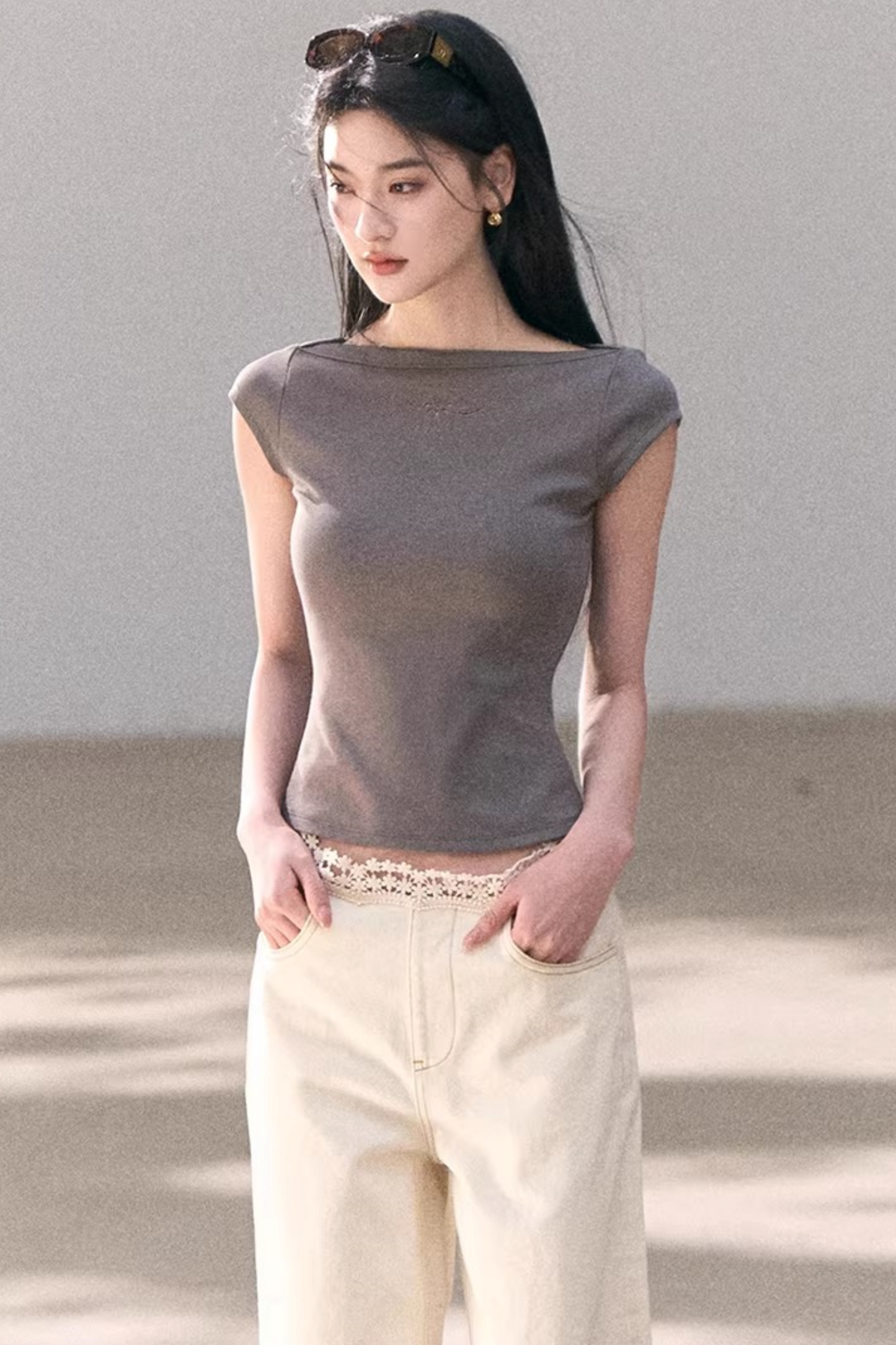 Washed Wide-Leg Lace Pants