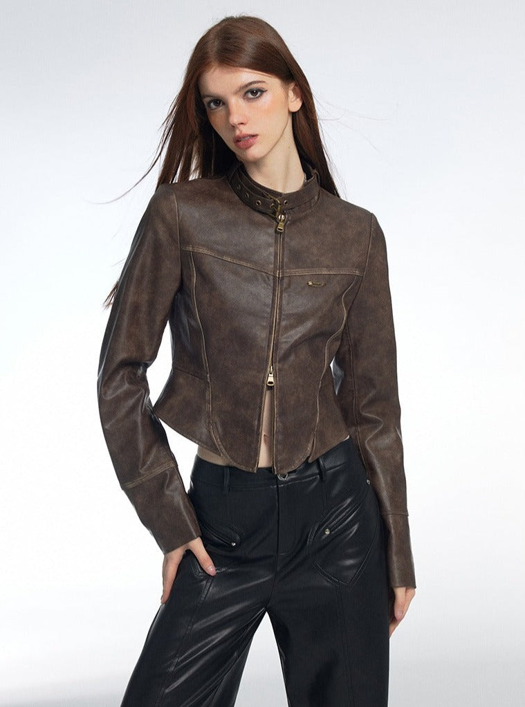 Retro Slim Brown Stand Collar Leather Jacket