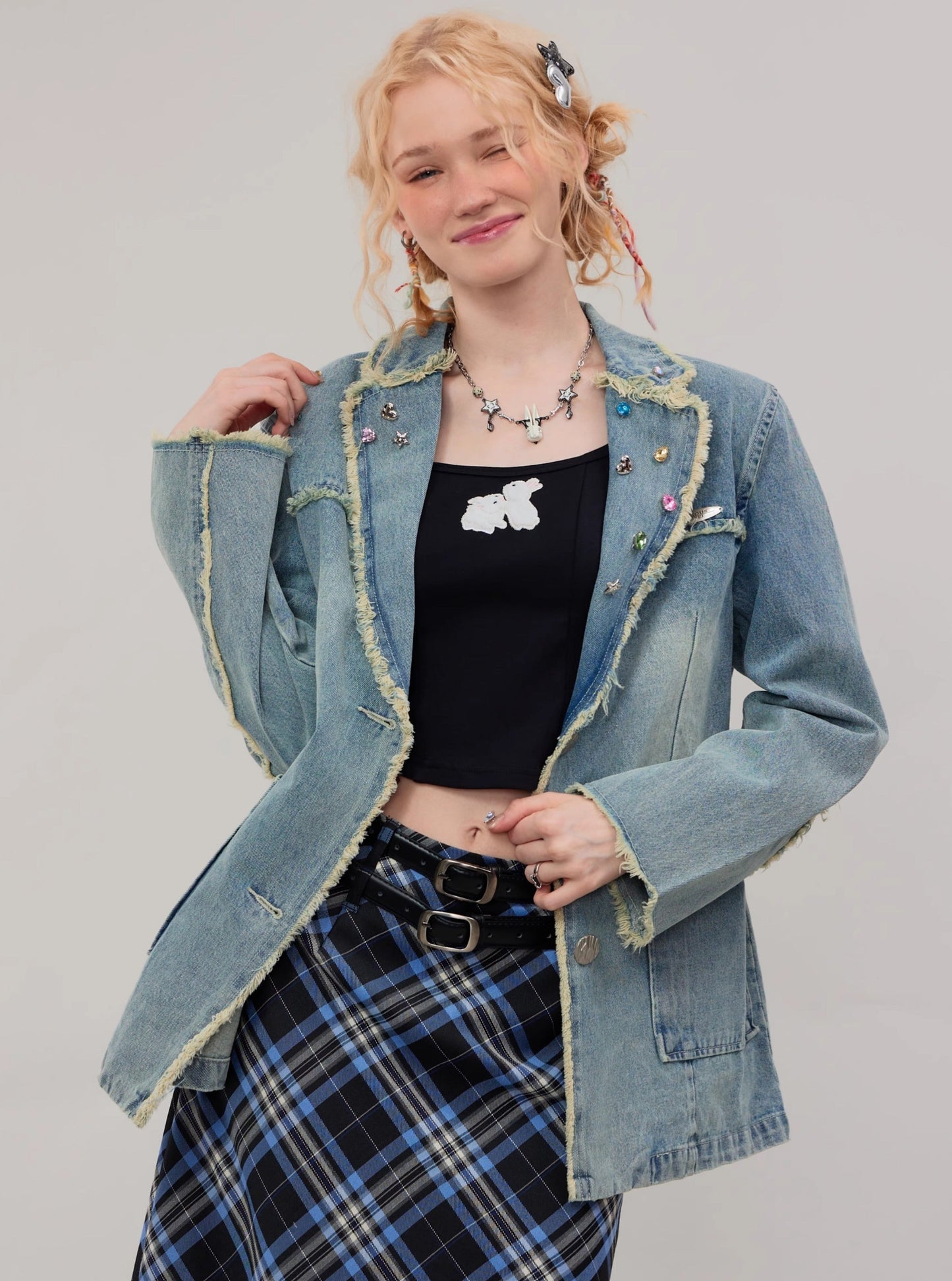 American vintage diamond denim blazer jacket