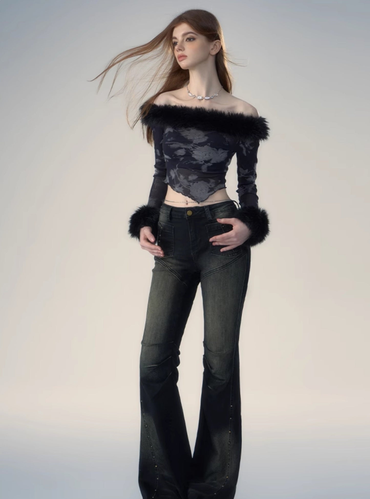 Fur collar long sleeve T-shirt