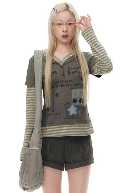 Hooded Spliced Long-Sleeve Top