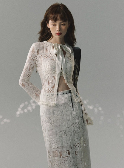 Lace top with long skirt high-end two-piece set