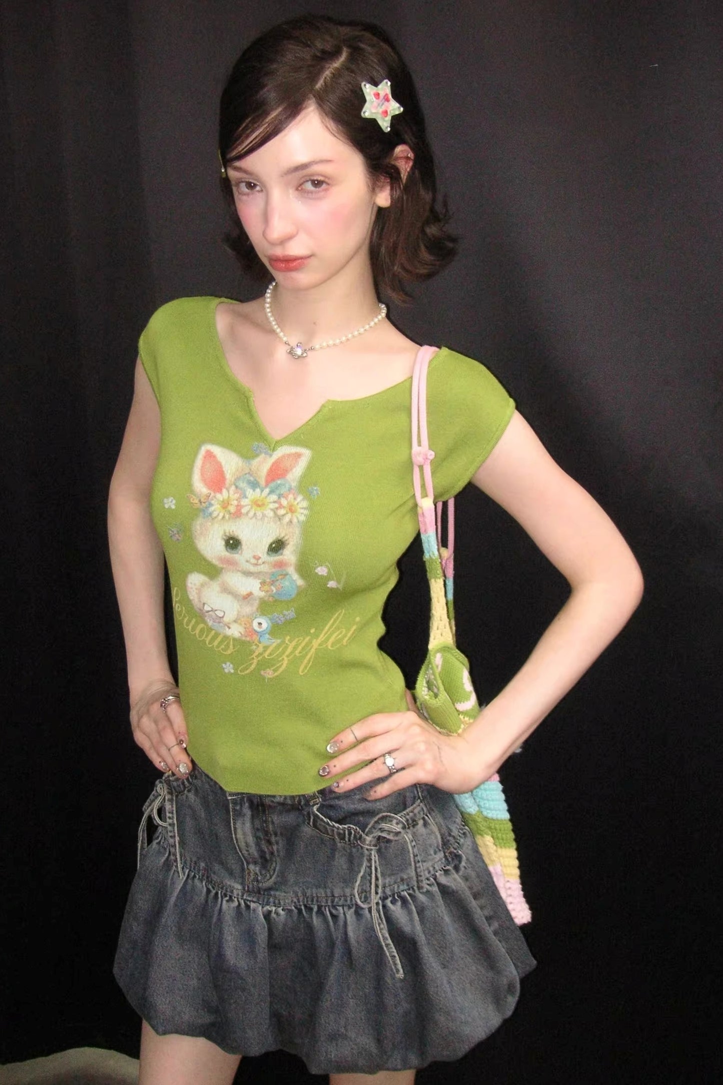 Green Rabbit Print Top