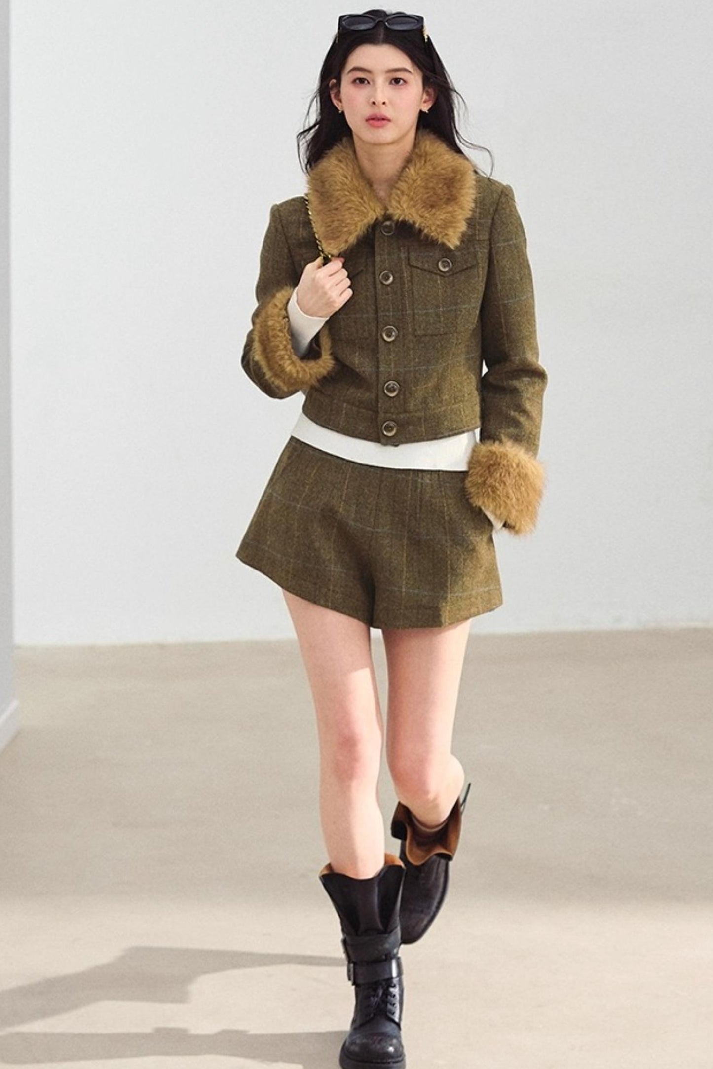 Plaid Fur Collar Jacket Set-Up