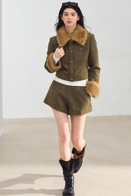 Plaid Fur Collar Jacket Set-Up