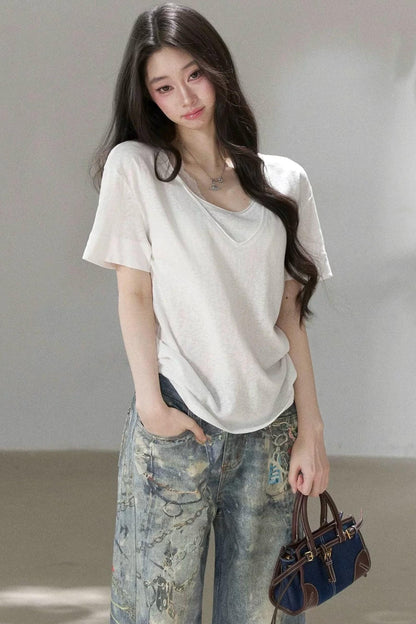 Layered-Look V-Neck Oversized Blouse