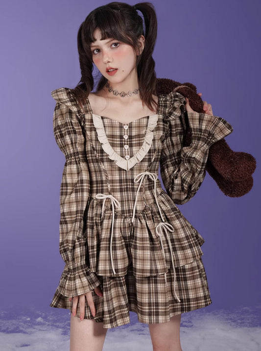 Brown Checkered Bow Small Flying Sleeve Dress
